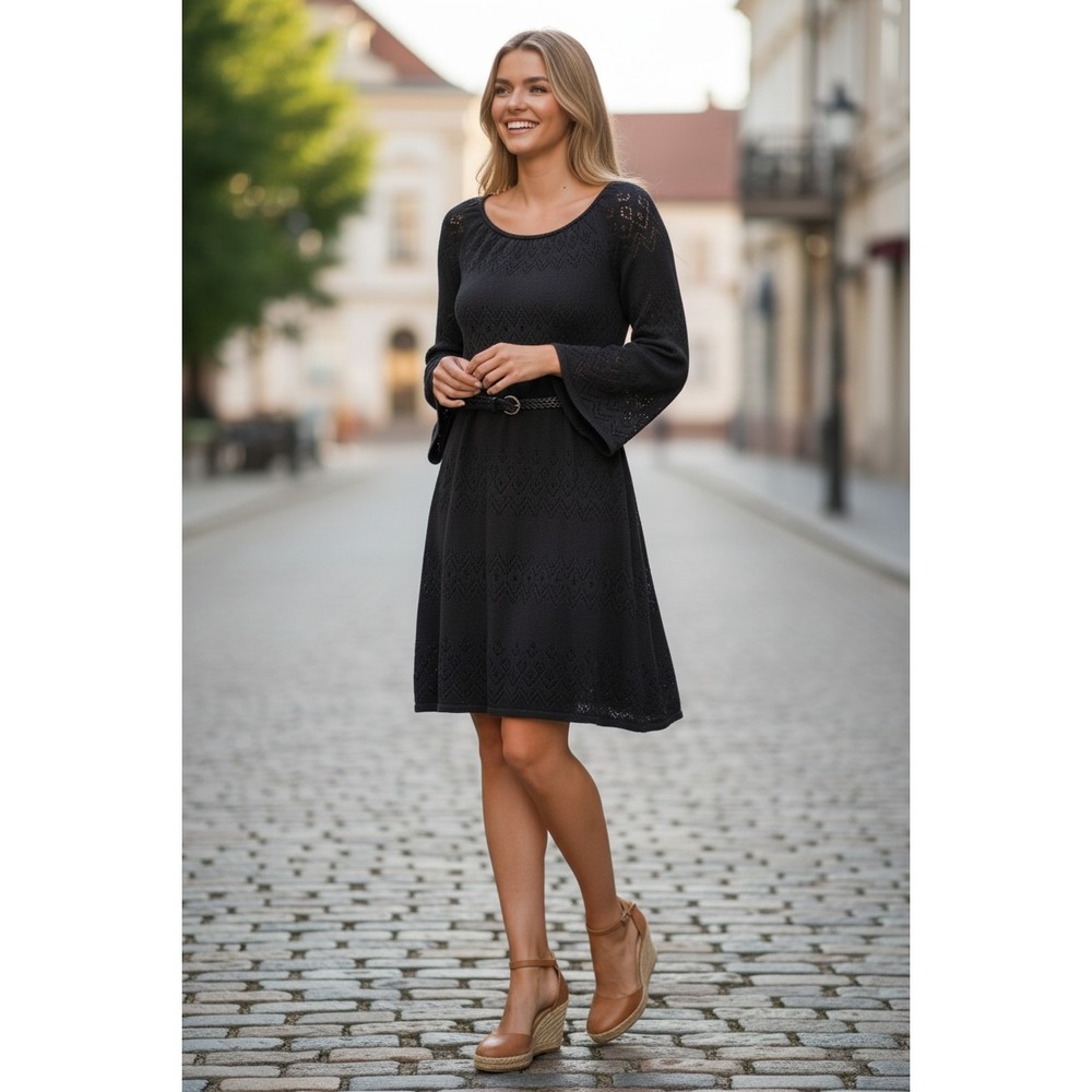 TIBI NY Black Pointelle Crochet Bell Sleeve Mini Dress S Boho Whimsigoth $395